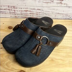 Dansko SHANDI Blue Suede Leather Nubuck Mule Clog Women 38 EU Tassel Reptile